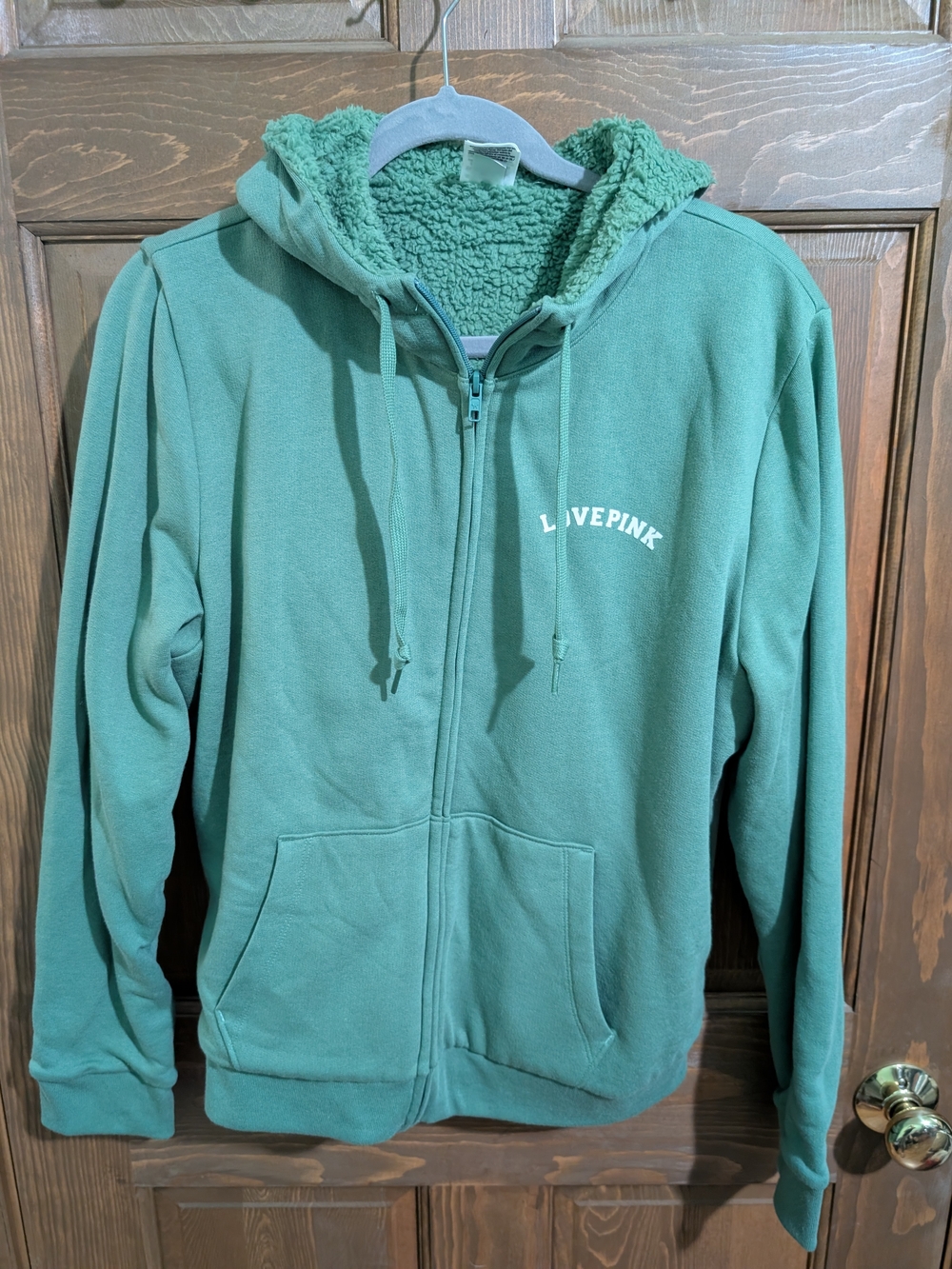 Like New PINK Victoria's Secret Green Sherpa-Lined Zip-up Hoodie